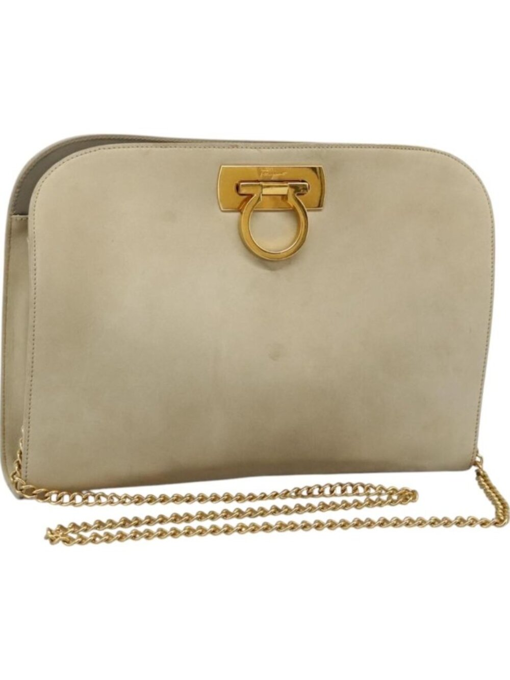 Salvatore Ferragamo Gancini Chain Shoulder Bag Suede Beige Gold